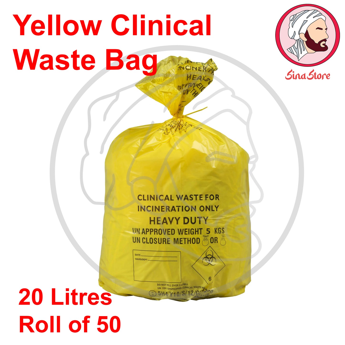 Yellow 20 Litre Clinical Waste Bag - Roll of 50